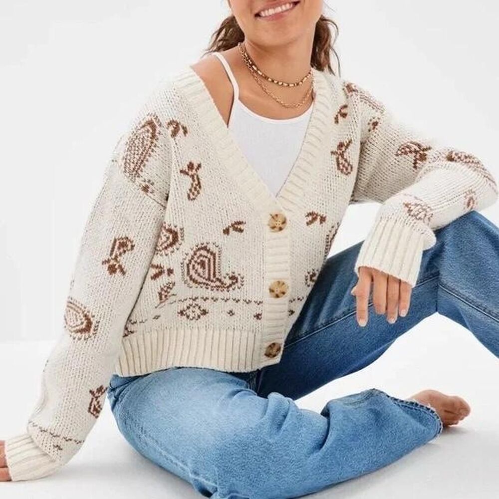 American-eagle Women's Cream and Brown Cardigan